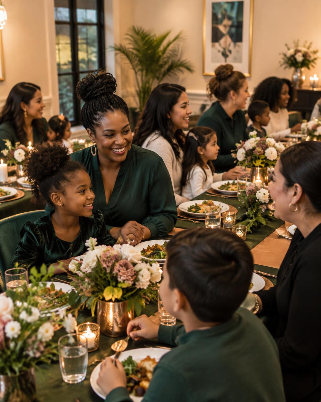 Mothers and children sharing a community dinner together