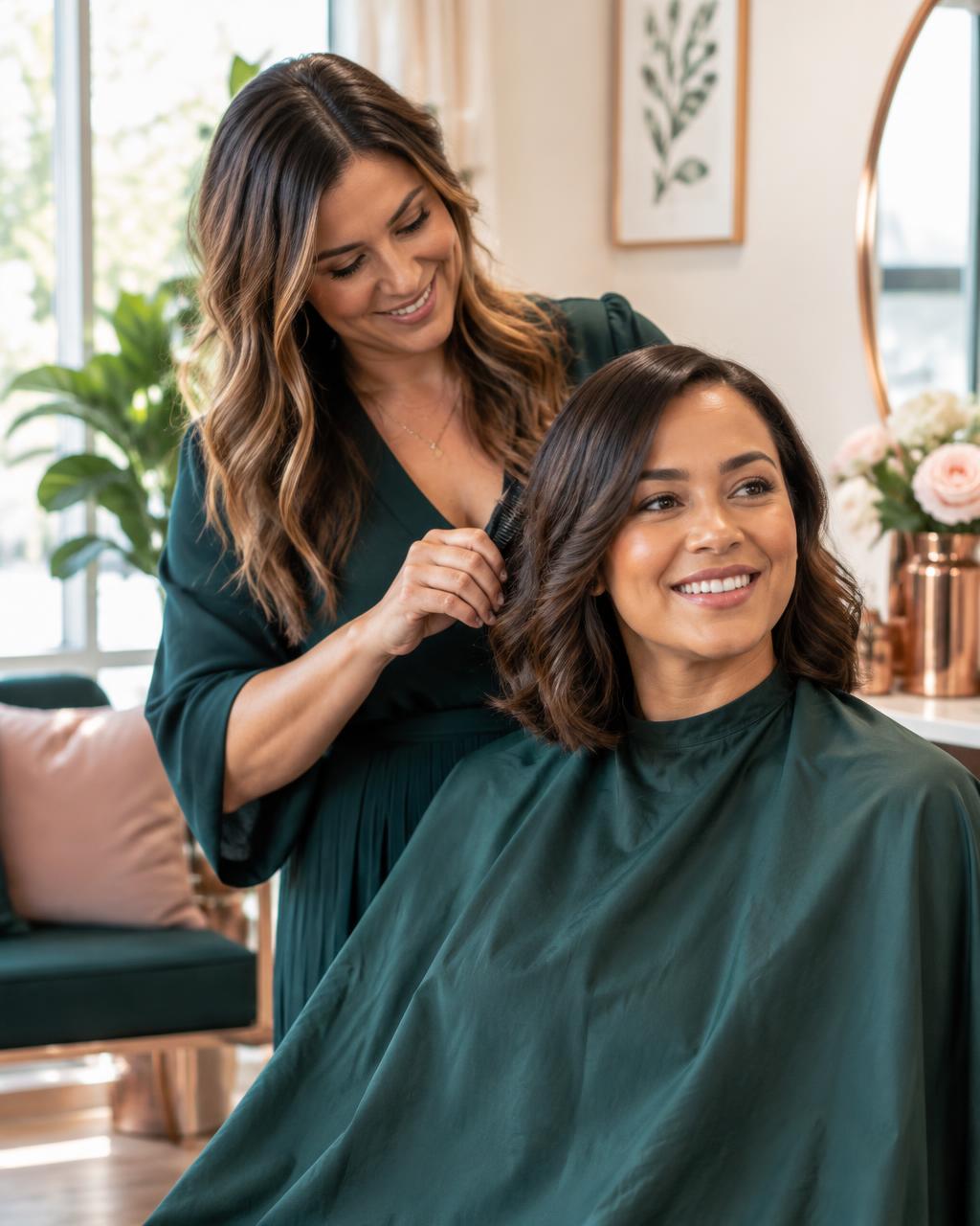 A woman receiving a professional haircut before an interview