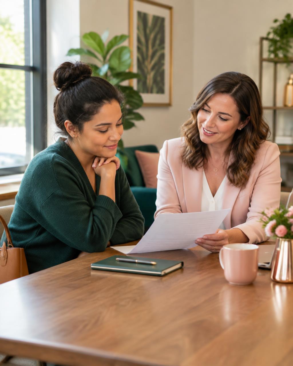 A woman reviewing her resume with an HR professional